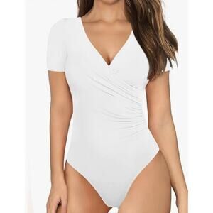 MANGOPOP Cross Wrap Ruched V Neck Short Sleeve Bodysuit NWT Size XL